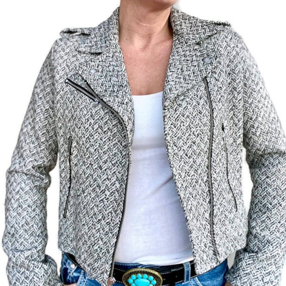 GAP Wool Herringbone Tweed Moto Jacket Y2K Asymmetrical Black and White Size S